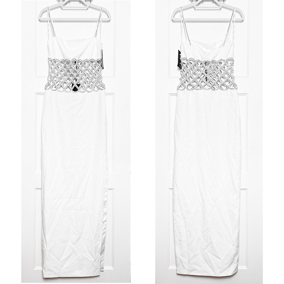 NWT RETROFETE Crystal & Pearl Embellished Lattice Waist Cutout Sleeveless Gown S - Picture 7 of 11